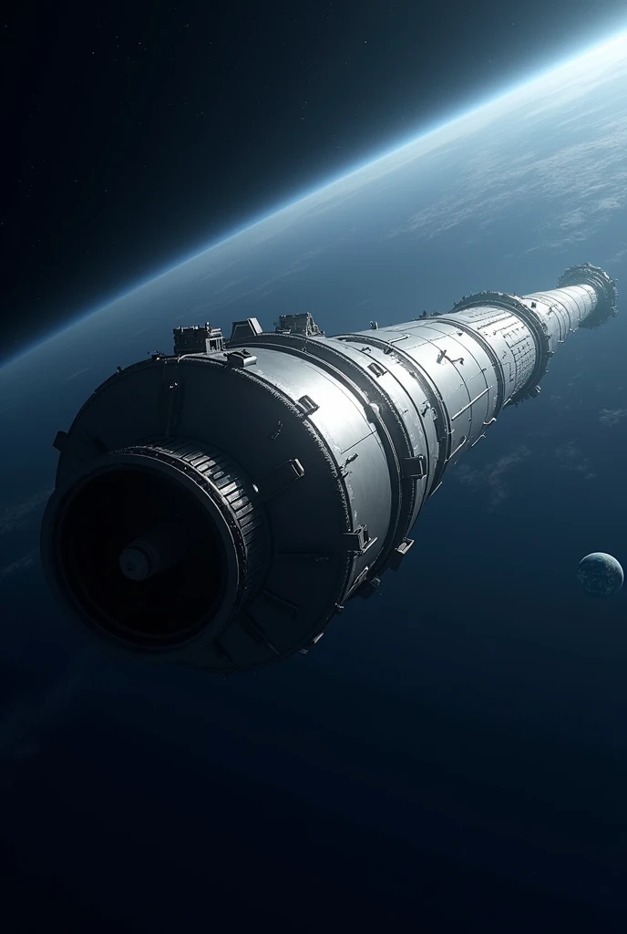 **Hyperdetailed Cylindrical Space Colony:**
- **Structure**: A massive, elongated cylinder floating in space. Its length is 5-6 times its diameter.
- **Exterior**: Smooth, reflective metallic surface with visible solar panels and radiators along the sides.
- **Ends**: Each end has a large circular cap, possibly with docking ports.
- **Scale**: The colony should appear at least 100 times larger than any nearby spacecraft.
- **Lighting**: Sunlight is coming from one side, creating a gradient from light to shadow across the curve.
- **Perspective**: The cylinder is viewed at a slight angle, highlighting its cylindrical shape. Not viewed directly from the side or end.
**Background:**
- **Space**: A dark blue space background, not black.
- **Earth**: A small Earth, appearing as a tiny blue and white marble in the distance.
- **Exclusion**: Absolutely no stars, planets, nebulae, or any other objects in the background.
**Style:**
- **Photorealistic**: High contrast, sharp details. Not cartoonish or stylized.
**Exclusions:**
- **No Interior Views**: Do not include any internal structures or cutaways.
- **No Other Objects**: No other space stations, ships, or objects should be included.
- **No Text or Labels**: No text, labels, or annotations on the image.