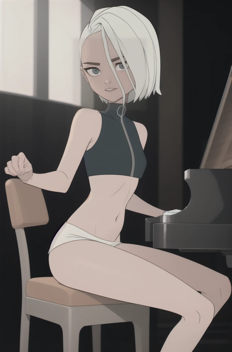 (dark theme:0.6), Glucose, 1 woman, mature and rough face, wrinkles on the face, cheekbones на лице, cheekbones,  short white hair, sexuality, in a black tight sleeveless short dress, in a dress, covering the belly with black color, figure top-models, Long legs, high growth, Height 1,75 м short white hair, haircut-barbershop, Straight hair, in the concert hall, sitting on a chair, plays the piano, the piano is far from the person, looks at the keys, dark colors, pomade, decrease, I look at the viewer, grey eyes, sharp image, Crop top, (HDR:1.22), Clear drawing, muted colors, complex background, hyper-detailed, Art [[Jordan Grimmer]],