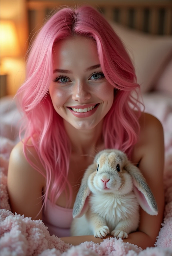 cute and sexy girl, pink hair, a bunny, ultra realistic, detailed lighting, cheered up, having  