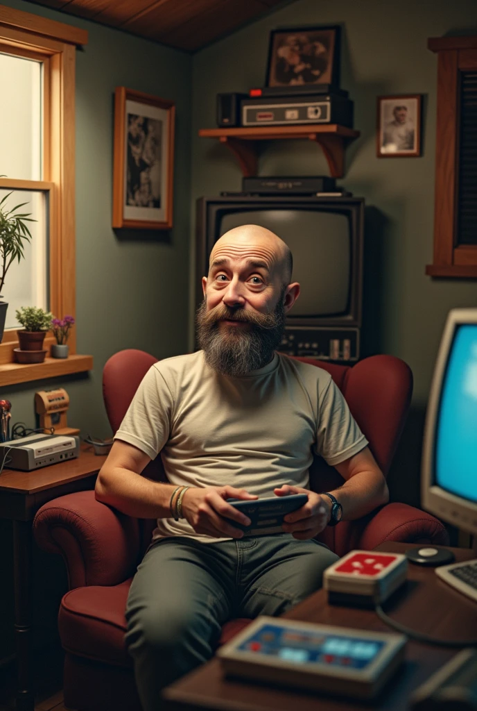 40 year old man, fake skinny, calvo, with a short beard, with a round face and short shoulders, and a Nintendo fanatic who lives in a small room