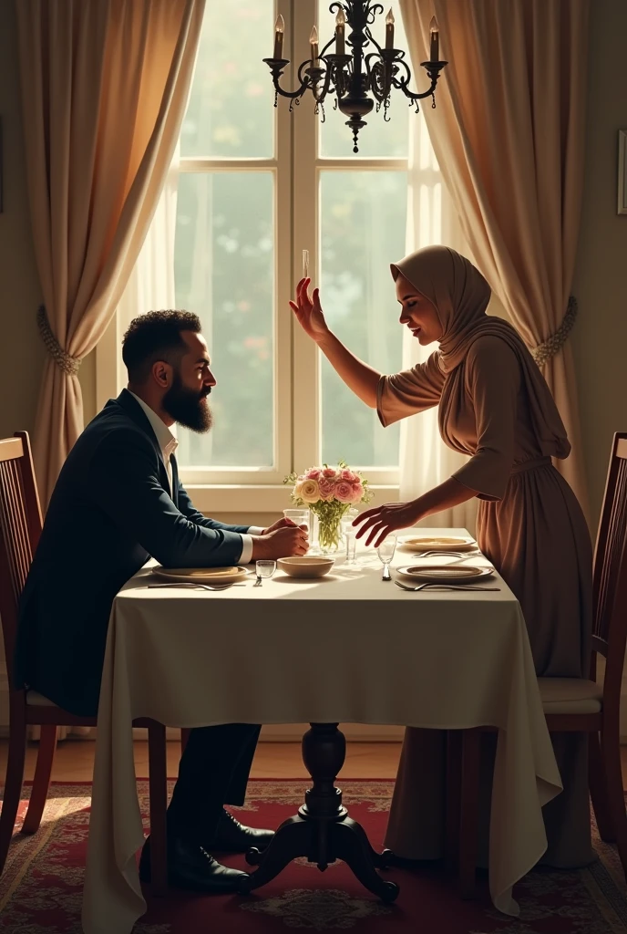 A handsome Muslim man was sitting behind a chair at the dining table. And on another chair his wife was sitting with her hands and feet raised in a huge quarrel with him.