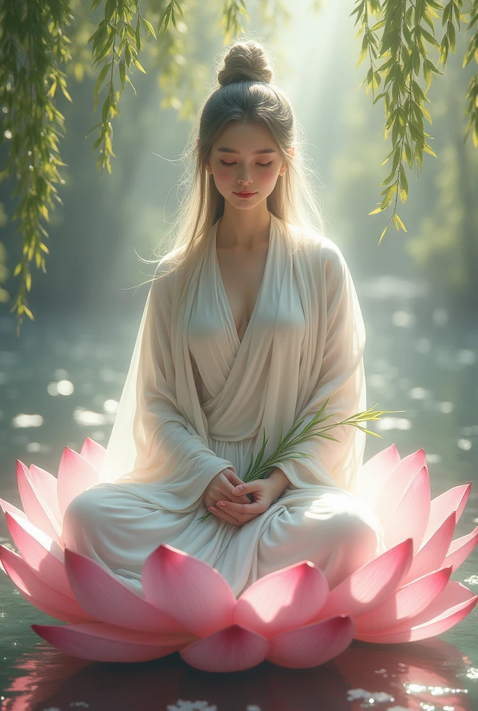 drawing of a beautiful girl wearing a white robe, holding a willow branch and sitting on a pink lotus, she is the reincarnation of Bodhisattva Avalokiteshvara