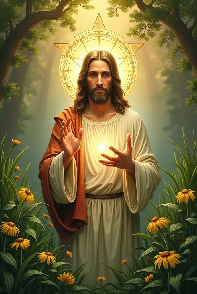 A Christian banner with the motto: "An encounter with God, in harmony and melody", that the banner bears an image of Jesus Christ on a green field and a pentagram as decoration.
