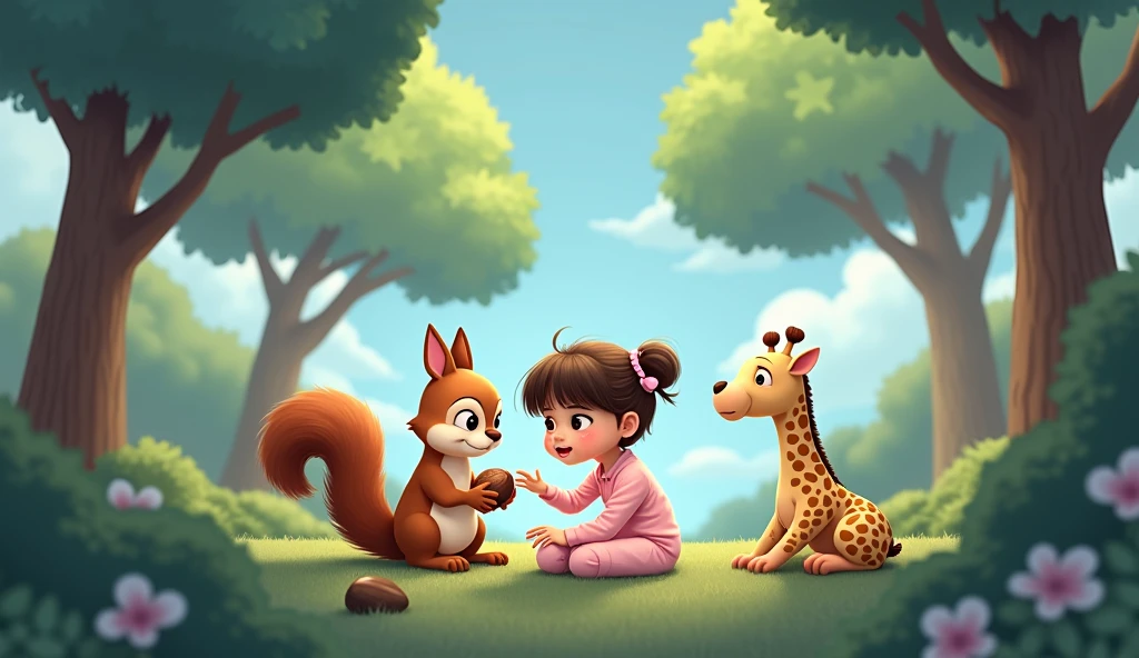 a little cartoon girl in pink pajamas, beautiful detailed eyes, beautiful detailed lips, hand on the shoulder of a sad squirrel holding a nut, stuffed giraffe, soft pastel colors, whimsical, cute, adorable, digital illustration, highly detailed, 8k, photorealistic, realistic lighting, vibrant colors