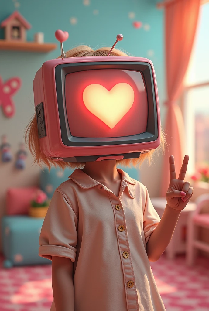 Cute girl with Tv head with heart on the screen posing with peace sign.