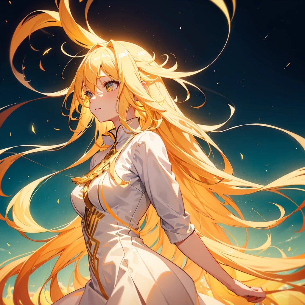 a woman with long blonde hair and a yellow dress looks at the sky, glowing flowing hair, flowing glowing hair, glowing hair, long glowing hair, glowing with colored light, long glowing ethereal hair, glowing face, glowwave girl portrait, orange glowing hair, flowing backlit hair, beautiful anime portrait, colorful glow, beautiful digital illustration, rossdraws pastel vibrant