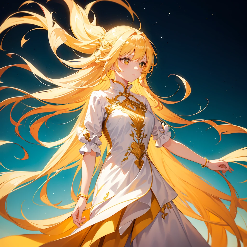 a woman with long blonde hair and a yellow dress looks at the sky, glowing flowing hair, flowing glowing hair, glowing hair, long glowing hair, glowing with colored light, long glowing ethereal hair, glowing face, glowwave girl portrait, orange glowing hair, flowing backlit hair, beautiful anime portrait, colorful glow, beautiful digital illustration, rossdraws pastel vibrant