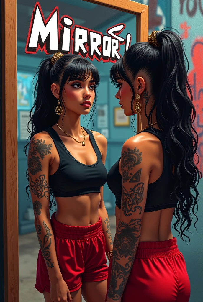 A cover for a song called mirror and is dedicated to a girl with tattoos, in the best quality That the girl is Latina and is dressed in an urban way with red and black basketball clothes looking at herself in a large mirror With the title in graffiti font that says mirror in Spanish