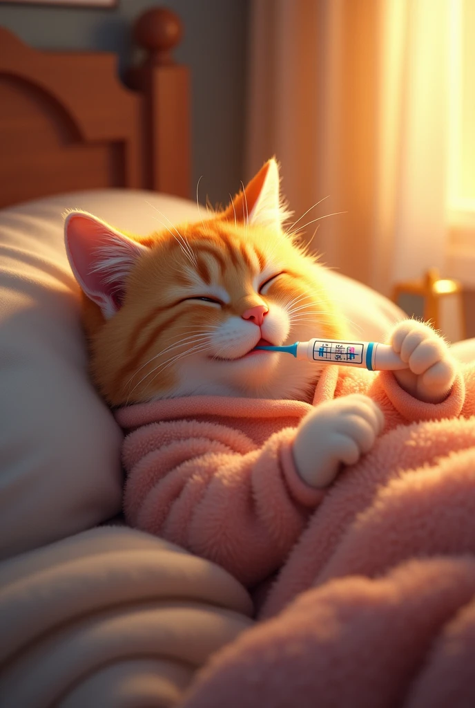「A cat who has caught a cold and is not feeling well、He is lying in bed with a thermometer in his mouth and a painful expression on his face.。 Wearing fluffy warm loungewear、The scene is set in a room with soft lighting and warm colors.、It reflects both a comfortable and uncomfortable atmosphere.。"
