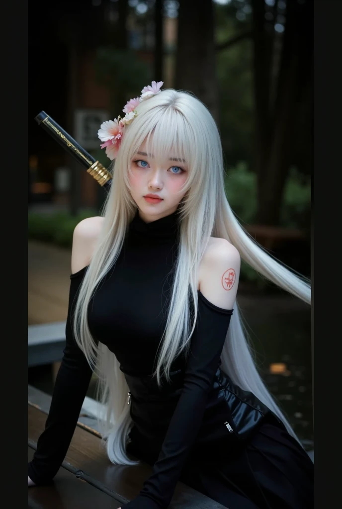 A girl, wearing a black dress, long hair, in the park, standing, night, Asian woman, white skinned, Glowing skin, Very soft lighting, fingers to mouth, Narrow waist,