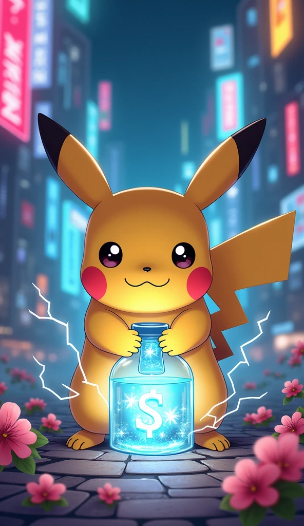 Pokemon Pikachu wishing bottle, Pikachu that generates electricity, Illustration Pokemon, Cyberpunk Pikachu, Pokemon art style, Cute, colorful and adorable, Concept art of Pikachu, 可爱的number艺术, Cute Pokemon style, Cartoon Vitality, Cute mouse Pokémon, 🌺 CG Society, Cute glowing creatures, Luminous Light! number, Pokemon anime style, 可爱细致的number艺术