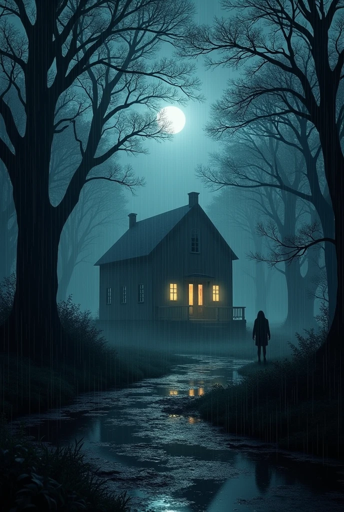 Full rain night hunted house in forest