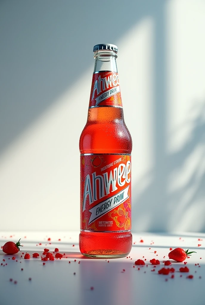 Photorealism 1.4 realistic realism high detailed definition  create for me energy drink for ads wrote AHWEE ENERGY DRINK contains 5% alcohol glass bottle labels skull logo