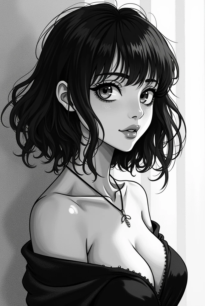 Monochrome manga art style, alternative woman in love, alluring atmosphere, eager expression radiating flirtation, captured in an expressive pose brimming with emotion, intricate linework emphasizing contours and features, dynamic contrast between deep blacks and soft whites, film grain texture enhancing the nostalgic essence, moody aesthetic enveloping the scene, delicate shades delineating character's silhouette, layered backgrounds hinting at subtle urban landscape, intertwining narratives through expressive stances, capturing the concept of romantic longing, monochrome palette creating dramatic interplay of shadow and light, heartwarming and captivating visual storytelling that resonates, playful yet poignant energy enveloped in the scene, serving as a beautiful representation of love's complexities, drawn to evoke empathy, enchantment, and connection, reflective of contemporary manga storytelling techniques while embracing a timeless allure.