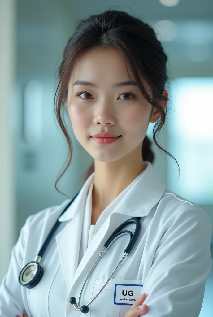 A girl who is a nurse and in her tag their clearly showed named lojina Subba she has almond eyes she is wearing white coat named lojina in her batch