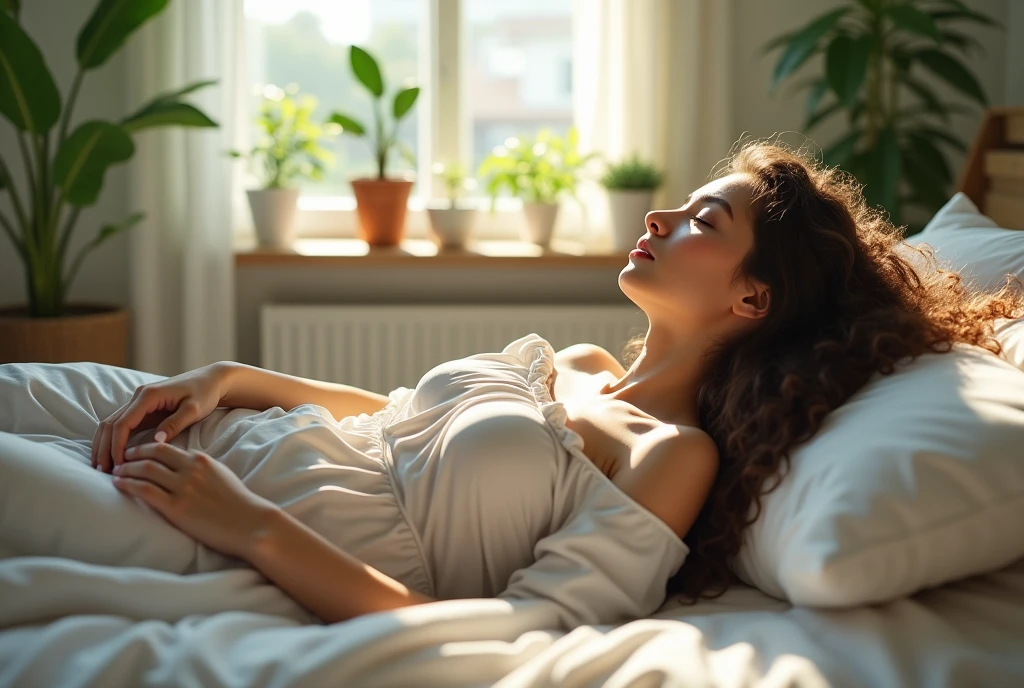 (Photorealism:1.3), Beautiful woman, lying on your back on bed, Wearing a loose off-the-shoulder top, Pajamas, Long curly hair, indoors, Soft lighting, Plants in the background, A window with sunshine, Comfortable room, relaxed poses, Practical, Intricate details, Cool colors,