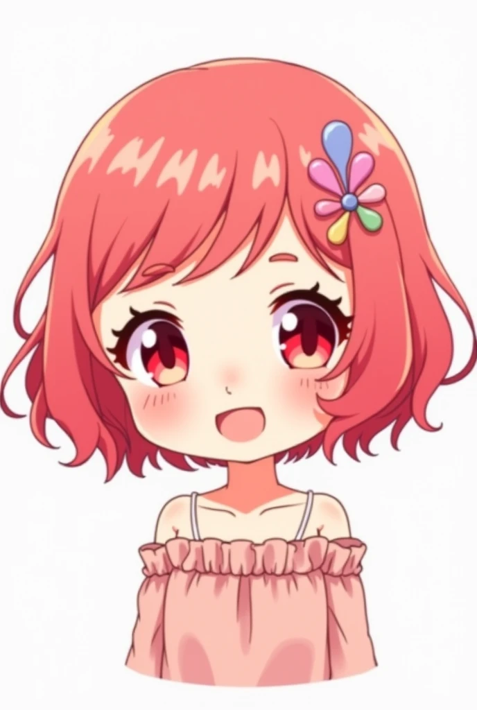 Chibi, Flat color, Single, Full body, cute, (Highest quality), Pink hair, Red eyes, Bob cut, ((curly hair)), Off shoulder, beautiful eyes, Big smile, Bright and curious personality, Mood Creators, cheery, Open mouth, (Face veil), White background, (Masterpiece)