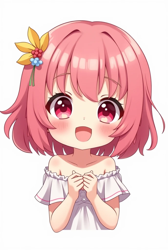 Chibi, Flat color, Single, Full body, cute, (Highest quality), Pink hair, Red eyes, Bob cut, ((curly hair)), Off shoulder, beautiful eyes, Big smile, Bright and curious personality, Mood Creators, cheery, Open mouth, (Face veil), White background, (Masterpiece)
