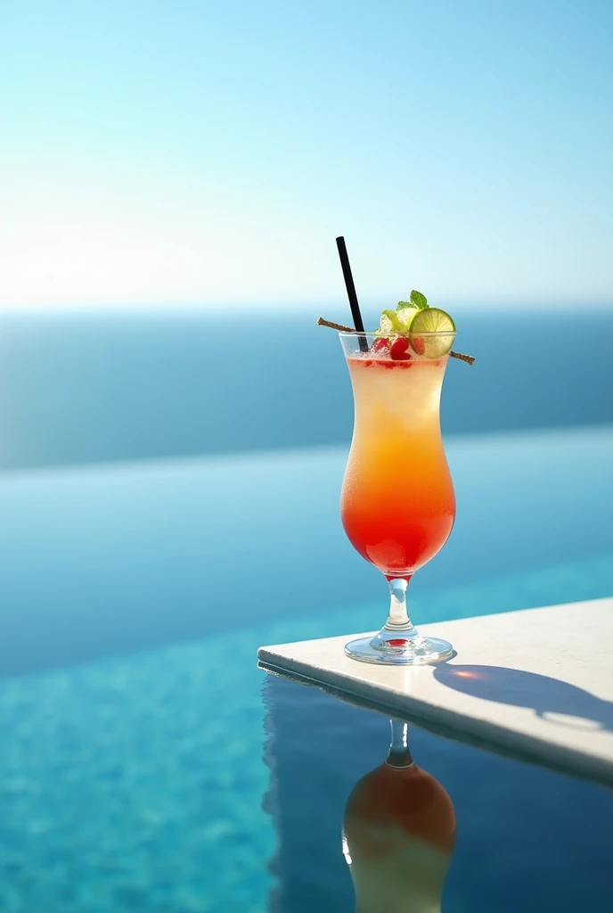 (photorealism:1.2), realistic photo of a cocktail placed on the edge of an infinity pool overlooking the ocean