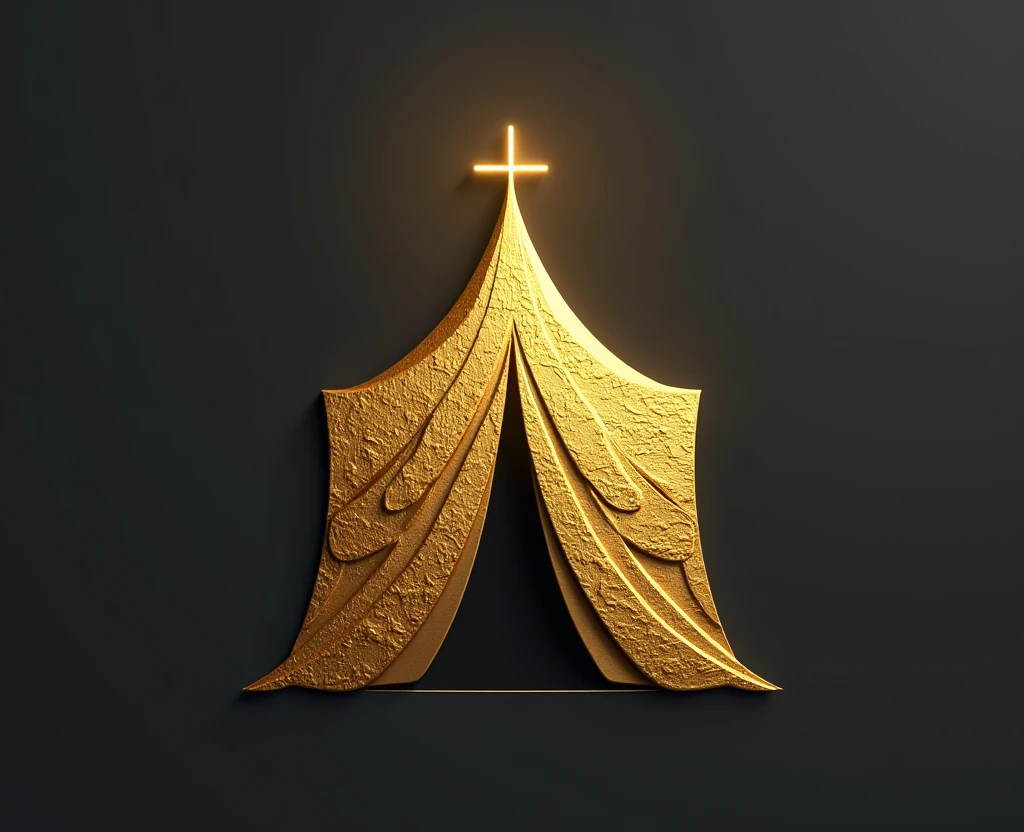 "Create a logo that resembles a tabernacle in the form of a tent, featuring a gold textured design. The tent should have a sleek and elegant look, with the gold texture adding a luxurious and sacred feel. Ensure the design is clear and symbolic, capturing the essence of the tabernacle while emphasizing the richness of the gold texture. The overall look should combine simplicity with a sense of reverence and spiritual significance."