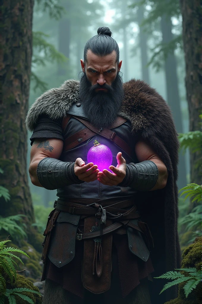 Viking warrior holding the forest calafate fruit in his hands 