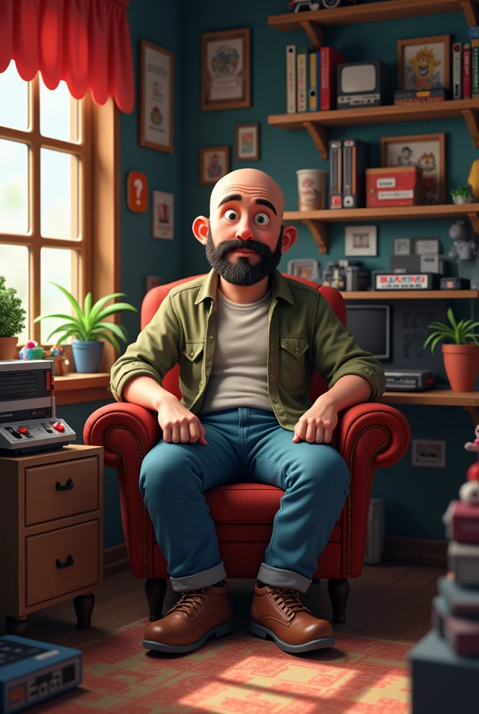 40 year old man, fake skinny, calvo, with unshaven beard, with a round face and short shoulders, and a Nintendo fanatic who lives in a small room
