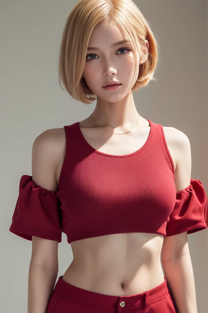 Ultra-realistic capture, Highly detailed, High resolution 16k close-up of human skin. Skin texture must be natural, With such detail that pores can be finely identified, Skin should look healthy, In a uniform tone, Use natural light and color, photo realistic, Full Body Shot, full body, red shirt, crop top navel, Shorts, cap, (Strawberry blonde)+(short hair),