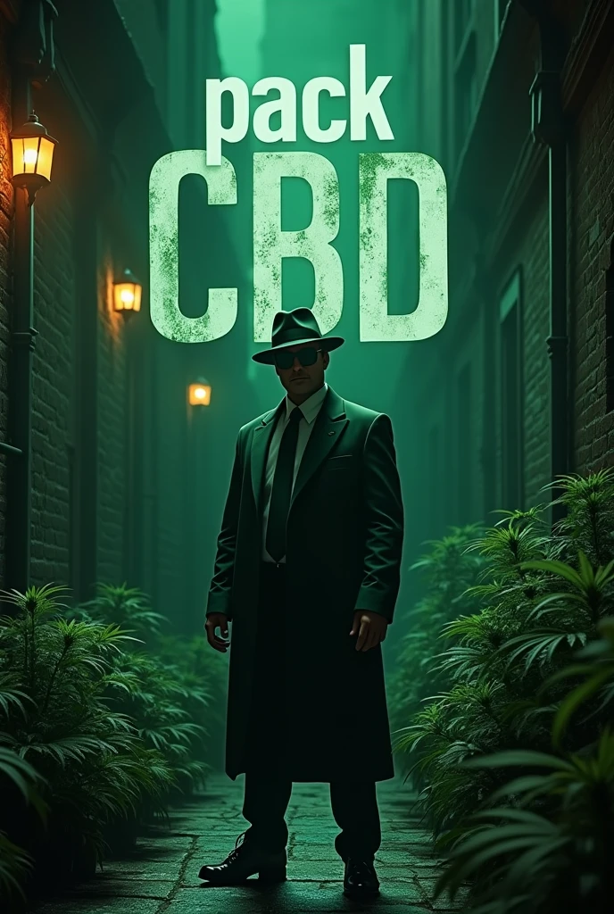 Ruelle sombre ecrit en hauteur " pack promo CBD " version mafia avec des fleurs de cannabis, un hommes chapeaux noir lunette de soleil noir smoking vert  en fond