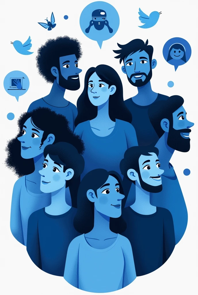 Create a high-quality image featuring Slate Blue icons or illustrations representing social and cultural aspects like community and diversity on a transparent background. Add detailed, diverse faces in Slate Blue to convey unity. A people of group represents unity as four religion muslim,buddhists,hindus,christians