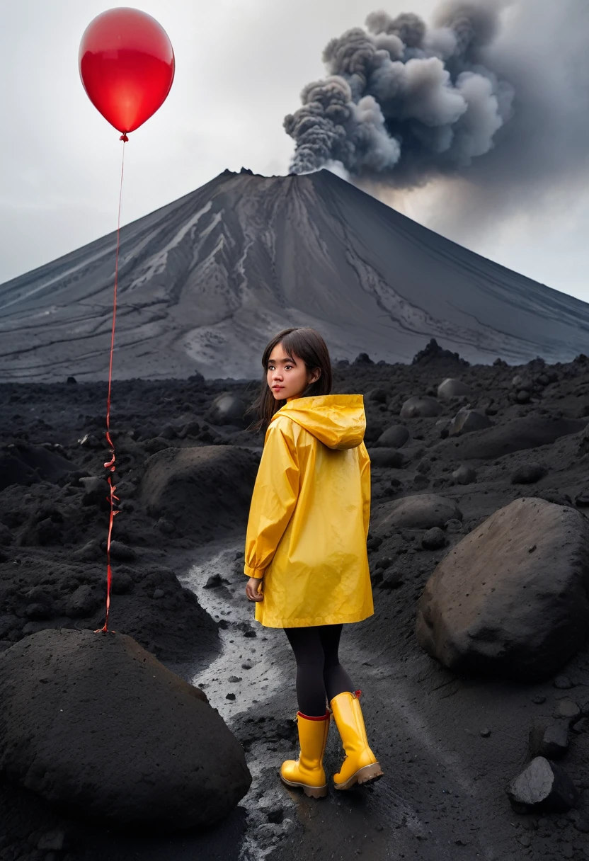 Main Subject: Girl in Yellow Raincoat Girl Design: The girl is young, around 7-, with a small, slender frame. She’s wearing a bright yellow raincoat with the hood up, partially obscuring her face. The coat is slightly oversized, giving her a cute, innocent appearance. Her boots are a matching yellow or a contrasting color like black, and they’re slightly muddy, indicating she’s been walking on the rough terrain near the volcano. The girl is holding a bright red balloon in her right hand. The balloon is slightly tilted, gently swaying in the wind. The string of the balloon is long and slightly loose, adding to the sense of movement. Background: Smoky Volcano Volcano Design: The volcano is large and imposing, dominating the background of the scene. It’s an active volcano, with dark, rugged slopes leading up to the crater at the top. Smoke and ash are billowing from the crater, rising high into the sky and spreading outwards, creating a dramatic and slightly ominous atmosphere. The smoke is thick and dark gray, with some hints of orange or red from the lava inside the crater. The lower slopes of the volcano might have some patches of vegetation or rocky outcrops, but they’re largely barren, covered in ash and volcanic rock. Foreground and Setting Terrain: The girl is standing on rough, uneven ground, made up of volcanic rock and ash. The ground is dark and gritty, with some small rocks and debris scattered around. There’s a slight slope leading up towards the volcano, and the girl is positioned near the bottom, giving a sense of scale and distance between her and the massive volcano in the background. Atmosphere: The sky is overcast, with dark clouds mingling with the smoke from the volcano, adding to the dramatic mood. There’s a slight haze in the air, with particles of ash drifting slowly down. The light is muted, with a cool, gray tone dominating the sce