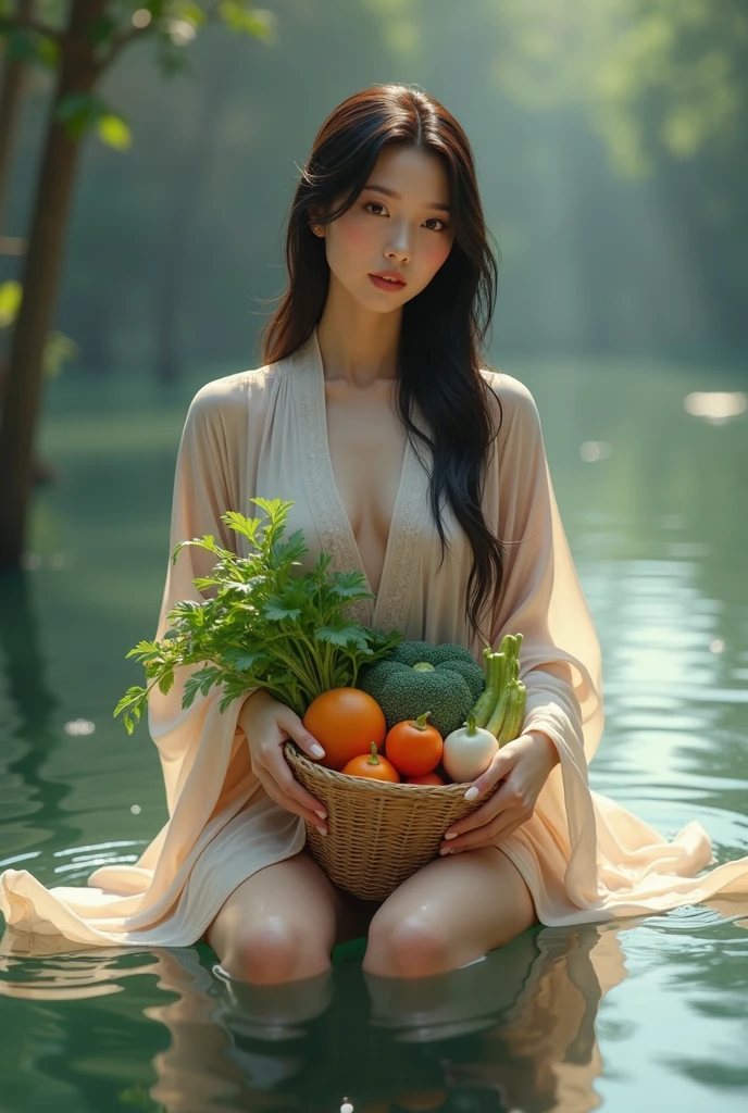 A beautiful woman is facing the viewer, kneeling in the water with a basket of vegetables. Beautiful digital art. Asian woman. Asian woman water element. Realistic fantasy render. Thai art. 3d render. 8k character art. 3d cg. Trending on cgstation, deviantart, artstation, cgscosiety, tithi luadthong, Chinese woman.