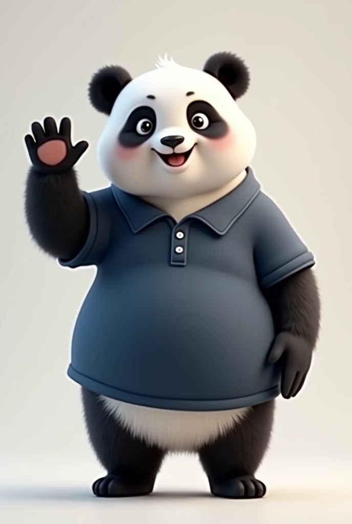 create a smiling panda, waving and wearing a dark blue polo shirt