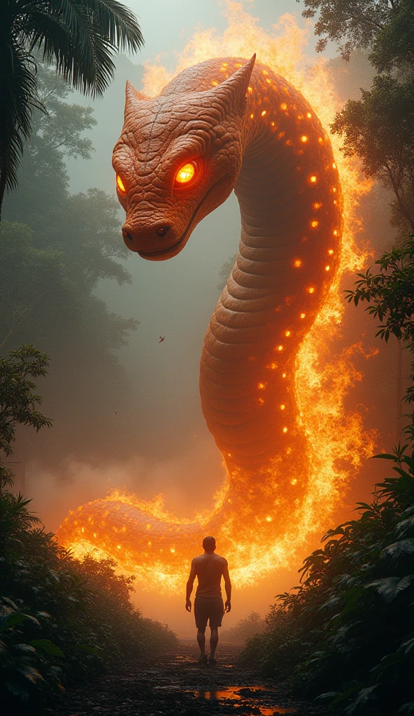 scene with the creature from Brazilian folklore, Boitat. o Boitat é uma serpente de fogo gigante que tem vários olhos espalhados pelo corpo na cena ele deve estar em meio a floresta com um homem assustado proporcionalmente menor que o Boitat caído no chão