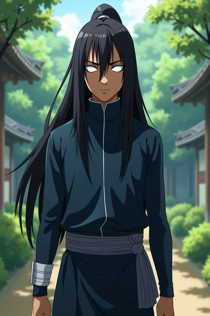 Dark skin, really long hair, byakugan white eyes, young, , Genin, Hyuga. male