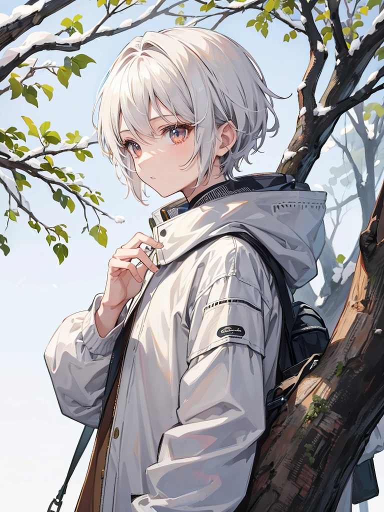 1boy, short white hair, brown eyes, detailed eyes, tree background, snow, simple clothes