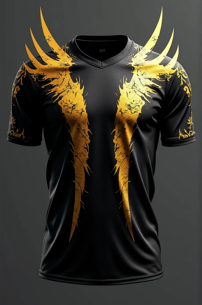 Design a sports jersey with an intense and fierce look, inspired by the idea of a dragon's claw marks. The base color should be a deep black, with bold golden dragon claw slashes across the chest and back. The sleeves should be short and solid black, while the rest of the jersey features a dynamic combination of abstract patterns and textures in gold. The player number should be integrated into the design, appearing as if it’s being torn through by the dragon’s claws.