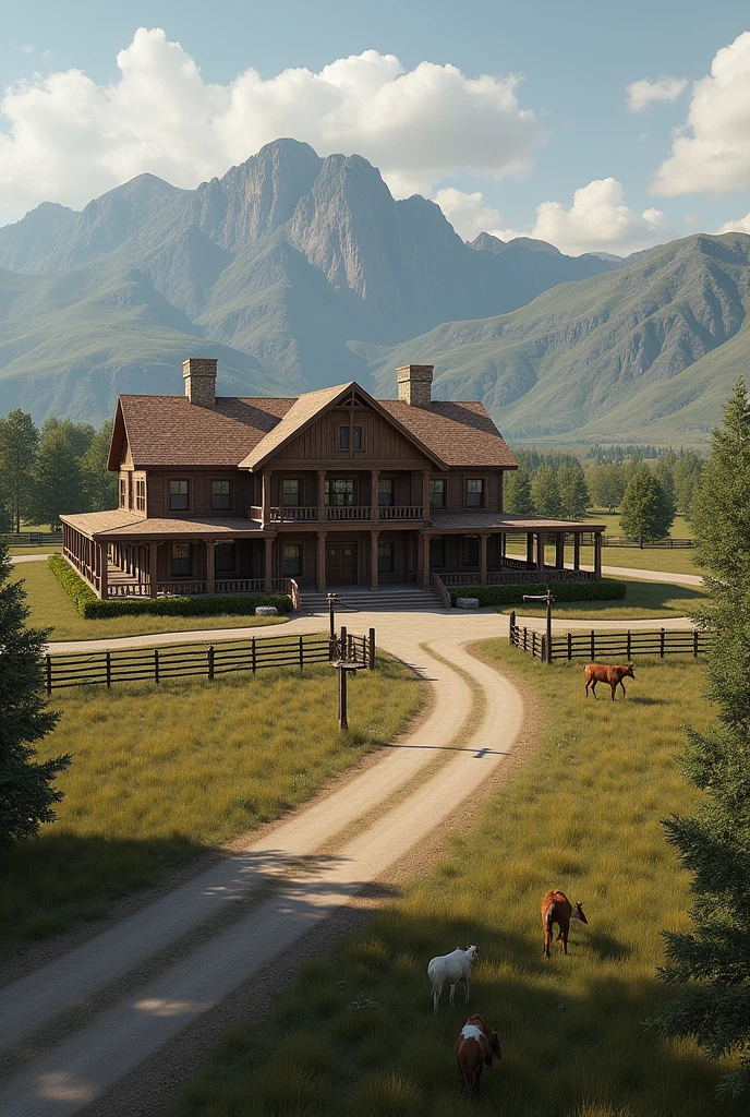 Make 10 different images of a large house inspired by John Dutton's house and a large farm inspired by John Dutton's with a barn and animals and a corral.