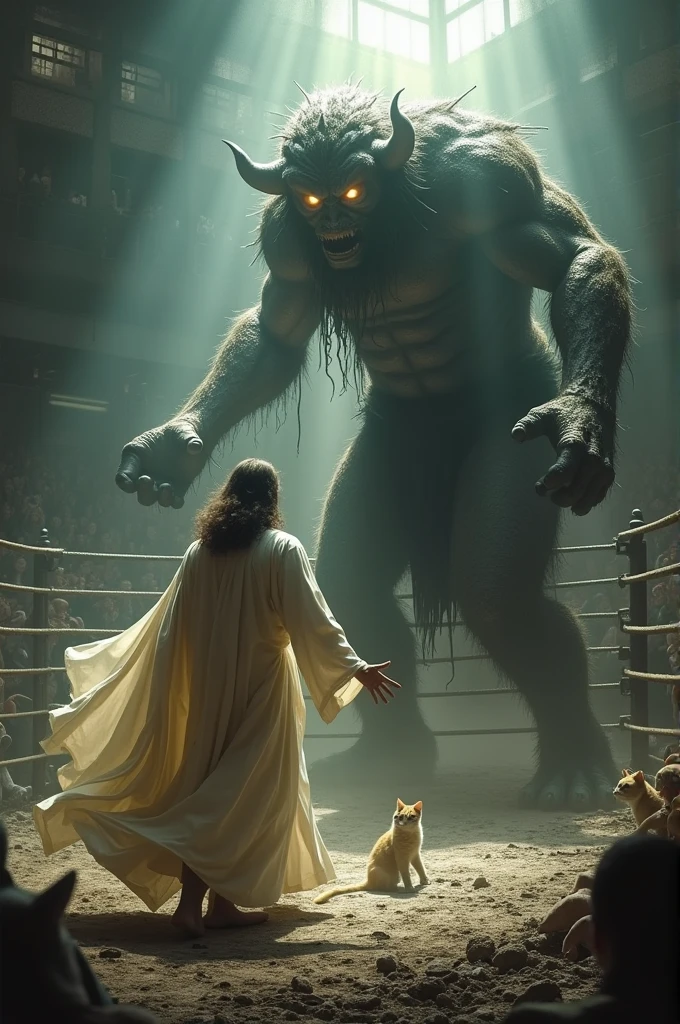 Jesus god and monster evil fighting in the ring to save cat