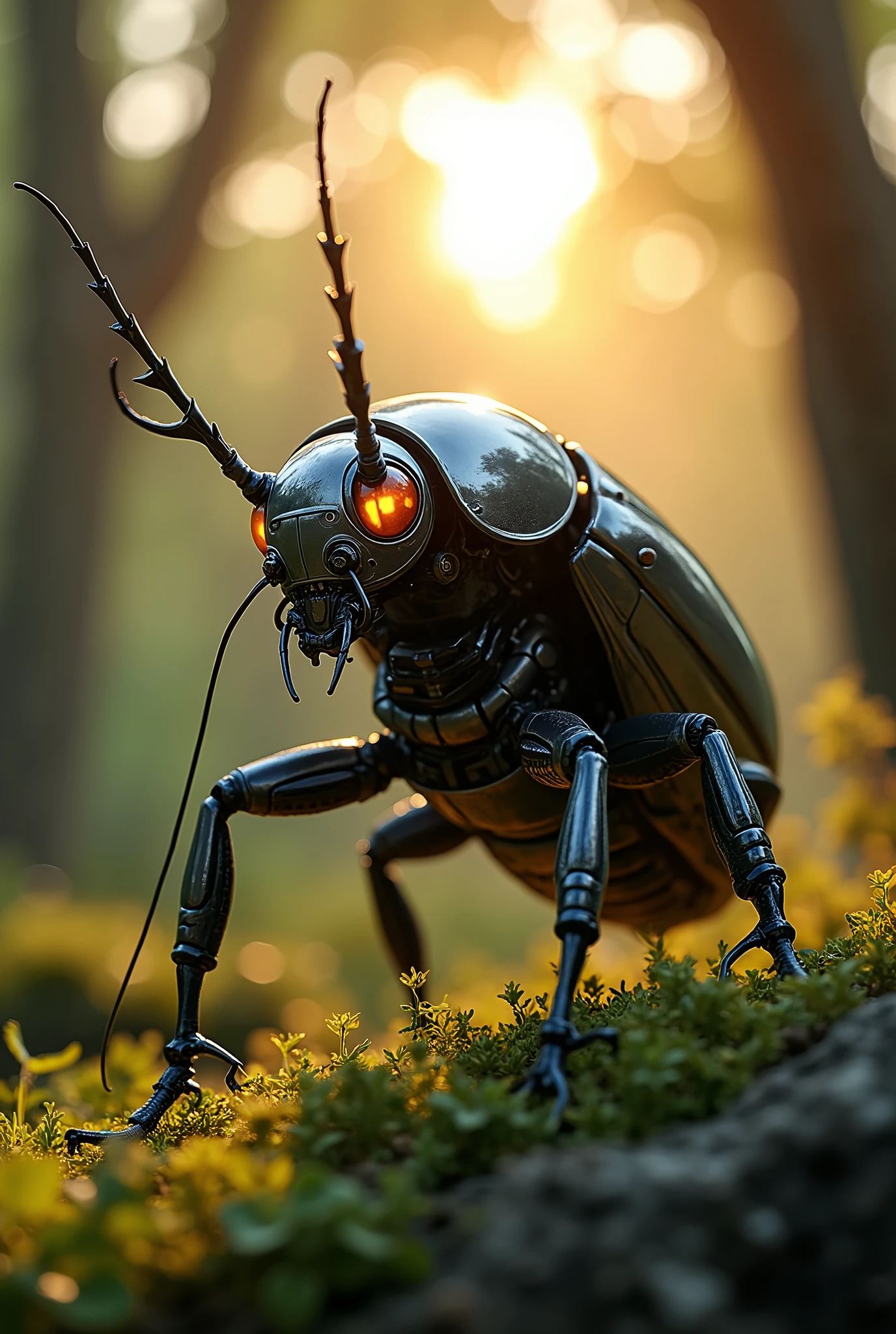 A beetle in cyborg glossy costume standing in a forest at sunset