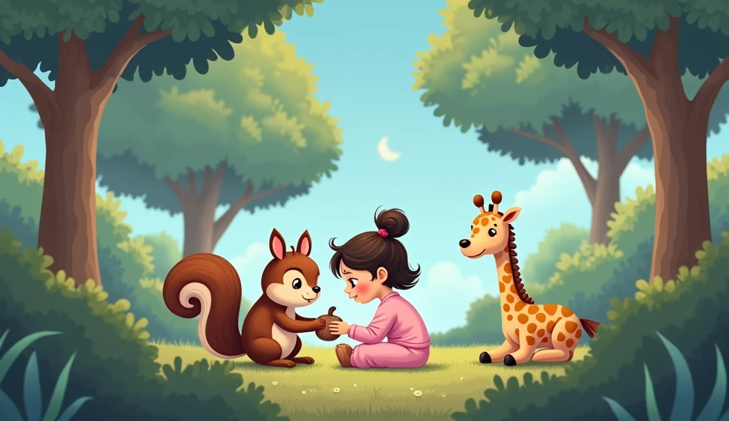 A little cartoon girl in pink pajamas puts her hand on the shoulder of SAD squirrel holding a nut, and there is a stuffed giraffe next to it