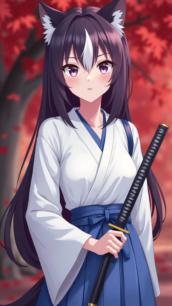 A wolf girl, age 20, wolf girl, standing, looking to the viewer , sandals ,samurai captain,beautiful detailed eyes,beautiful detailed lips,extremely detailed eyes and face,longeyelashes,(best quality,4k,8k,highres,masterpiece:1.2),ultra-detailed, extreme detail description,professional, bokeh,portraits, anime,sci-fi,photography,concept artists,colorful palette,gentle sunlight, fullbody shot, holding a katana 