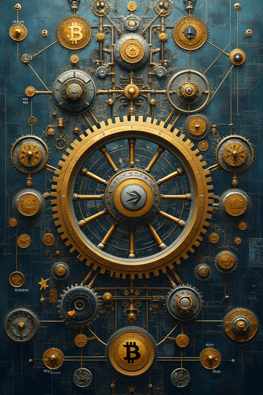 A complex machine with gears representing different elements: AI (labeled gears for FET, TAO), cryptocurrencies (Bitcoin, Ethereum), and traditional finance (dollar signs, Fed logo). NVIDIA's logo is the central gear driving the system. Traders and investors try to navigate this intricate mechanism.