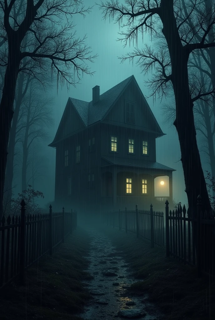 Full rain night hunted house in forest no one there