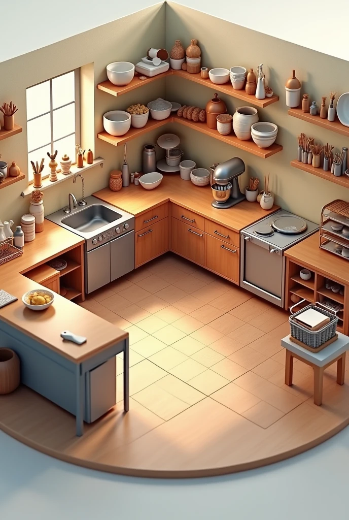 (photorealism:1.2), hobby room which is bakery hobby. miniature layout, isometric view. room is round and tidy. the layout is circle and the room is detail with bakery
