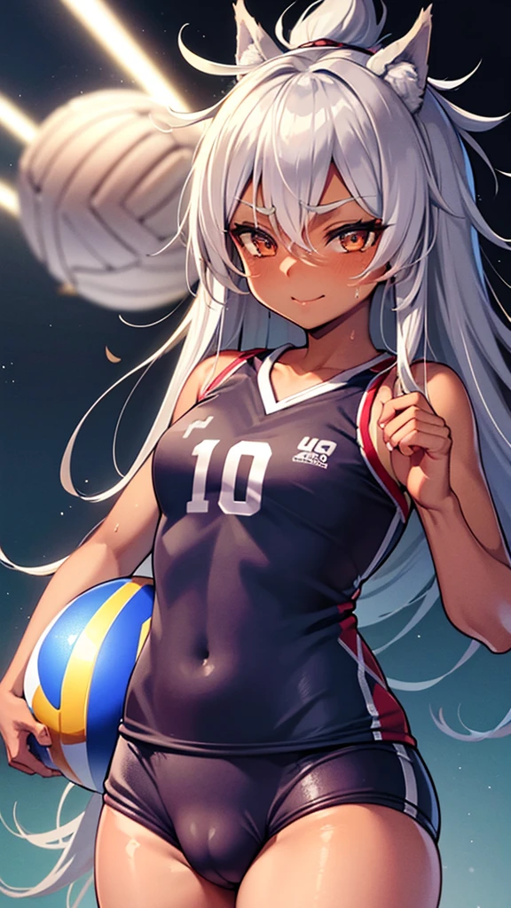 (dark skin,Silver Hair,Fox Girl),(Perfectly detailed face),(Young) ,Volleyball Player,(((Volleyball Uniforms))),cameltoe,Sports Venues,sweaty,Smirk,High resolution, masterpiece, Highest quality, High resolution, Cowboy Shot