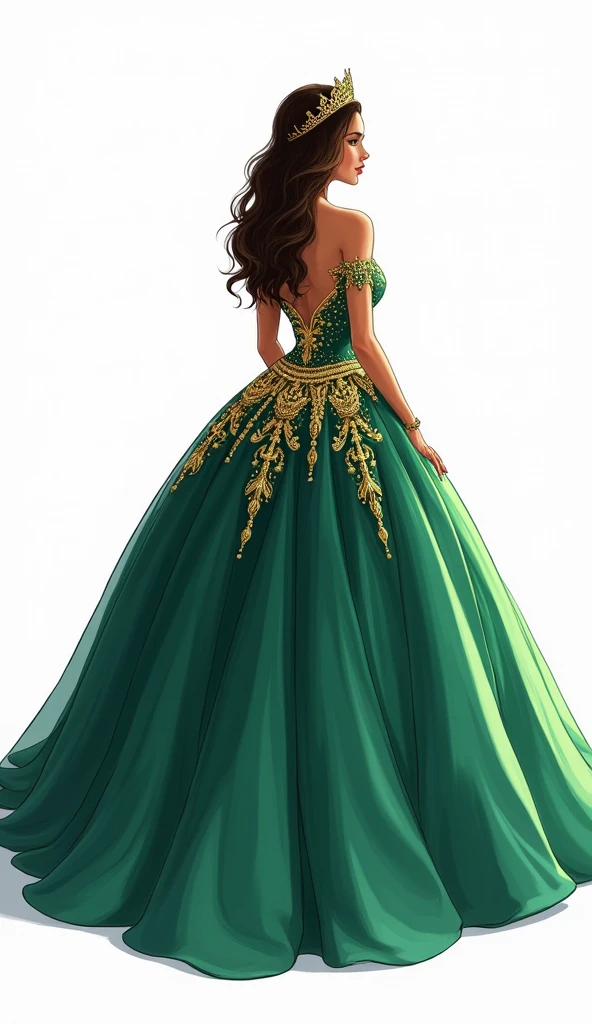 Make a majestic illustration on a white background, of a quinceañera dressed in a majestic emerald green dress with gold details. the quinceañera is facing away. The design is elaborate and elegant, with a style worthy of royalty and high society, highlighting the young woman&#39;s social status. The dress has a neckline that reveals the high back and shoulders., with gold embroidery that stands out against the green background. The skirt is wide and voluminously adorned with the same golden details.. Her hair, dark brown, It is combed in soft waves that fall over her back.. besides, She wears a golden crown that completes her royal and sophisticated look., which makes her look like a princess on her special day.