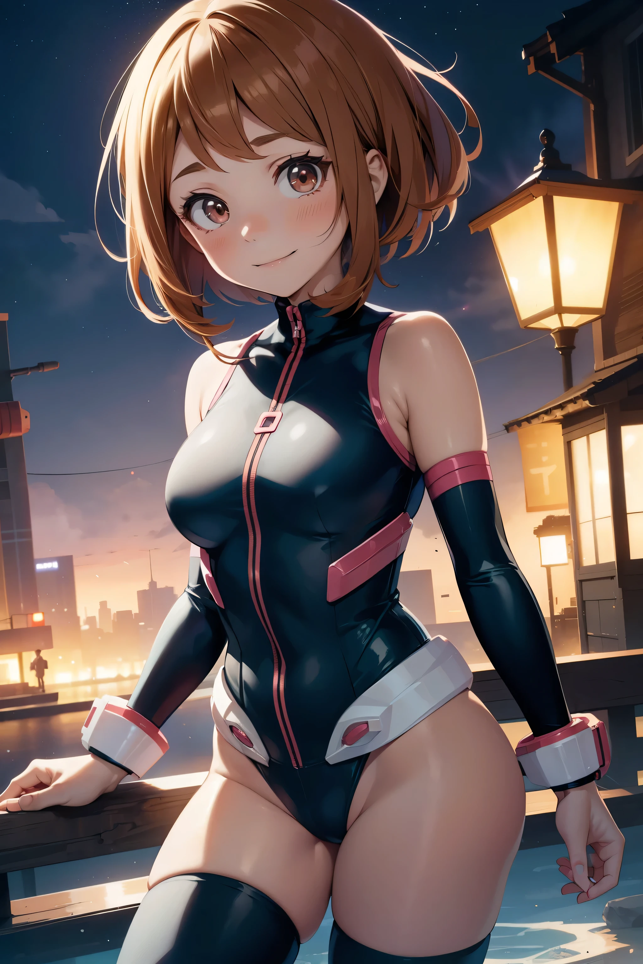 Uraraka Ochako ,One girl , anime , masterpiece , A proud smile ,short hair, The hero's uniform is a leotard ,Uraviti , Medium chest , Thighs , City of night, sexy