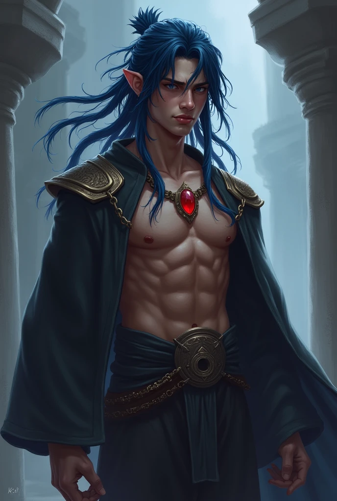 League of legends style, dark blue dreadlocks in the shape of tentacles, they had the ends of their hair pointing up ancient warrior clothes, emperos clothes, masculine, young man without many muscles, no beard, human ears, black clothes, pingente de joia vermelha no pescoço, roupa que mostra o corpo