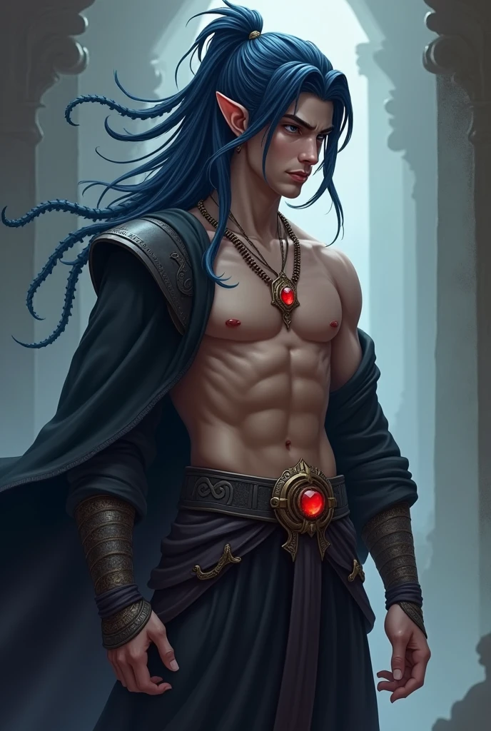 League of legends style, dark blue dreadlocks in the shape of tentacles, they had the ends of their hair pointing up ancient warrior clothes, emperos clothes, masculine, young man without many muscles, no beard, human ears, black clothes, pingente de joia vermelha no pescoço, roupa que mostra o corpo