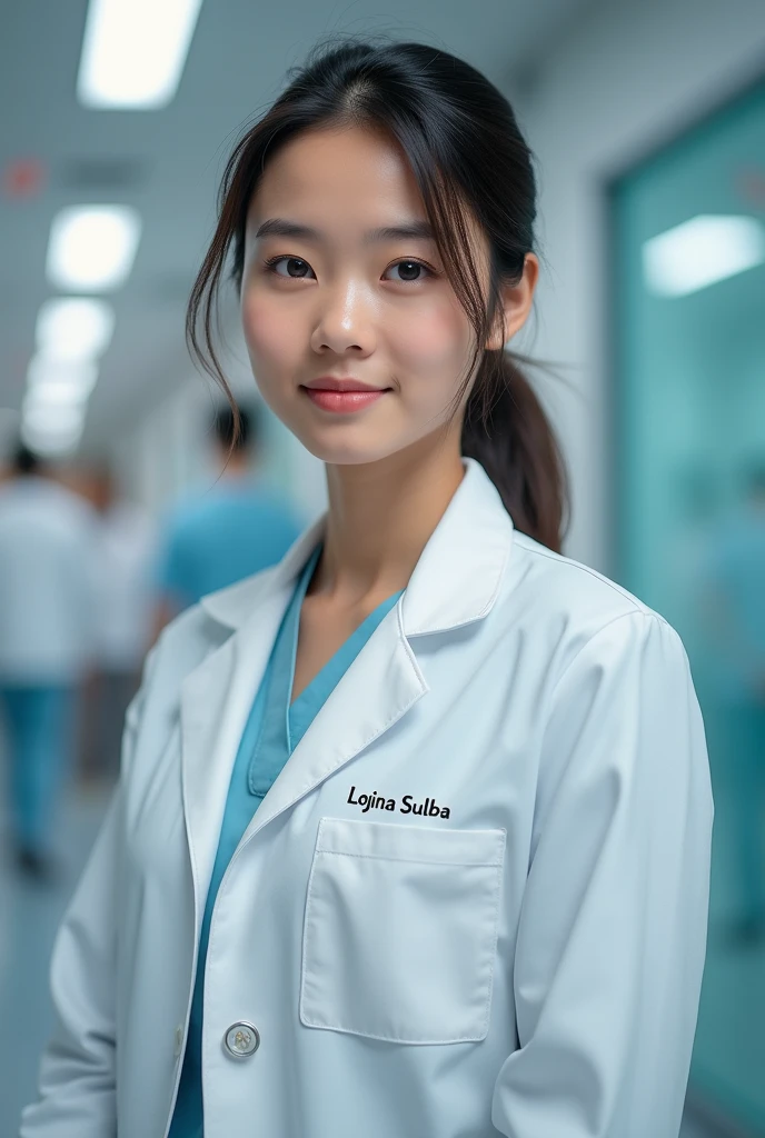 A girl who is a nurse and in her tag their clearly showed named lojina Subba she has almond eyes she is wearing white coat named lojina subba in her batch